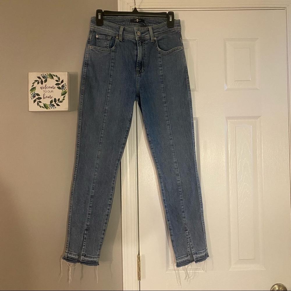 7 For All Mankind Front Seam Skinny Jeans with Ankle Split & Raw Hem Size 28